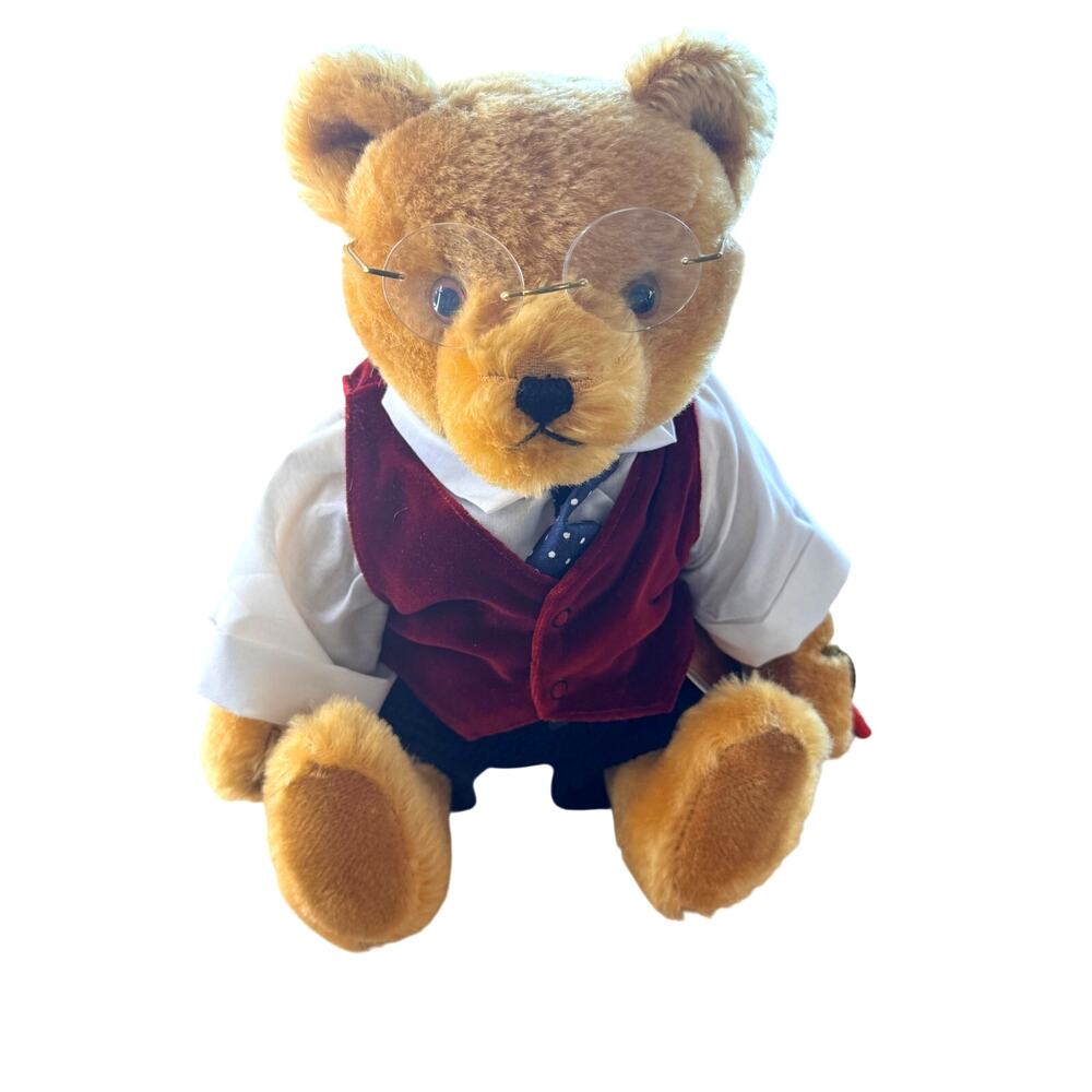 VTG Hermann Classic OG Growler Teddy Bear 10" Jointed Glasses Vest Germany NWT